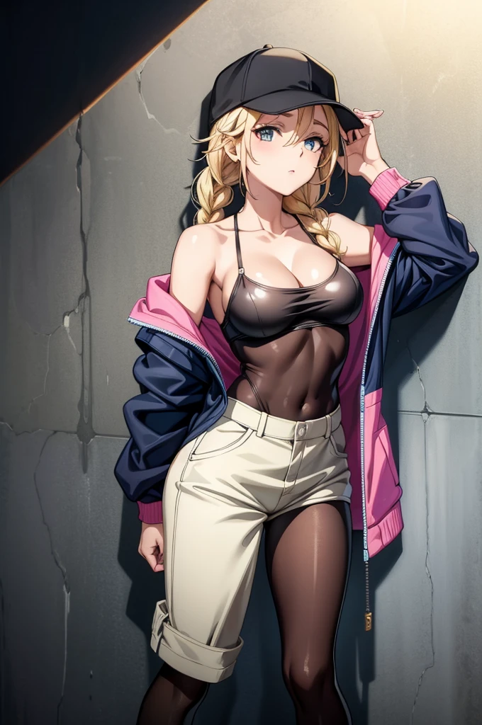 there is an attractive woman who is standing in a room by a wall, 1girl, breasts, solo, blonde hair, braid, cleavage, hat, long hair, twin braids, baseball cap, jacket, looking at viewer, covered navel, open jacket, open clothes, collarbone, black bodysuit, white jacket, off shoulder, medium breasts