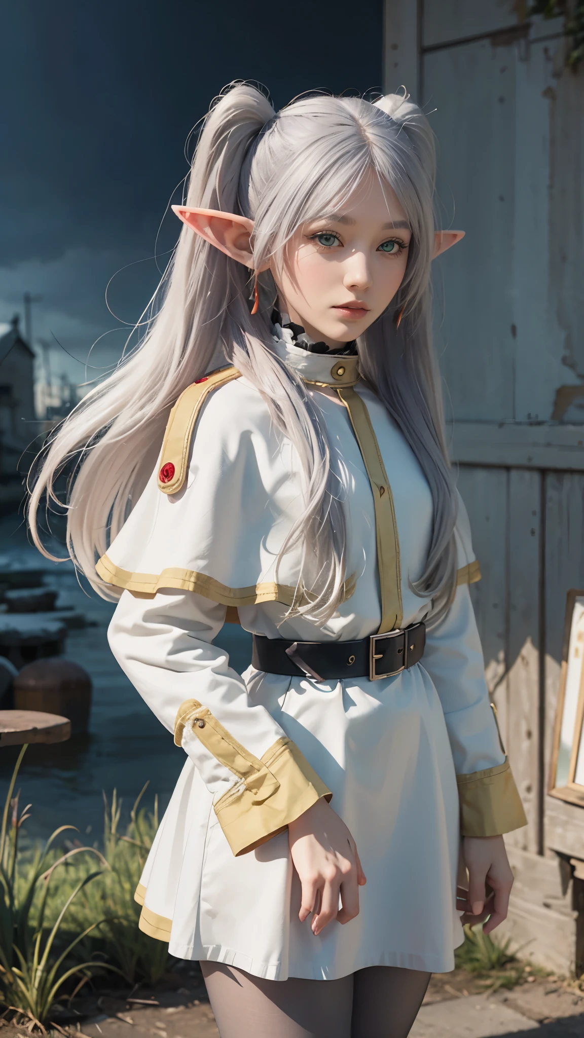 8k, high quality, High resolution, Realistic, Attention to detail, Highly detailed face, ((masterpiece)),
((Freeze Base)), Beautiful girl, (Flat body), Fairy, Pointed Ears, Gray Hair, (Long twin tails), Green Eyes, staff,
White Capelet, Striped shirt, White Skirt, Long sleeve, belt, Black Pantyhose, White Cape, magic, magic circle, (Shabby ruins), Medieval village, Attractive pose,