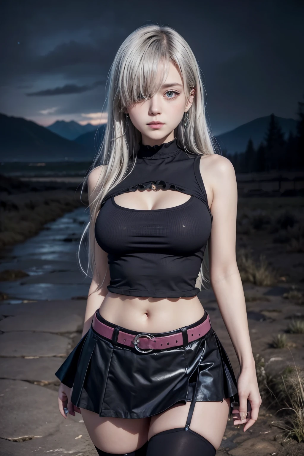 ((face portrait)), masterpiece, best quality, highres, Elizabeth, 1girl, jewelry, single thighhigh, silver hair, hair over one eye, midriff, black skirt, asymmetrical legwear, pink shirt, sleeveless, black thighhighs, belt, landscape background, standing, portrait