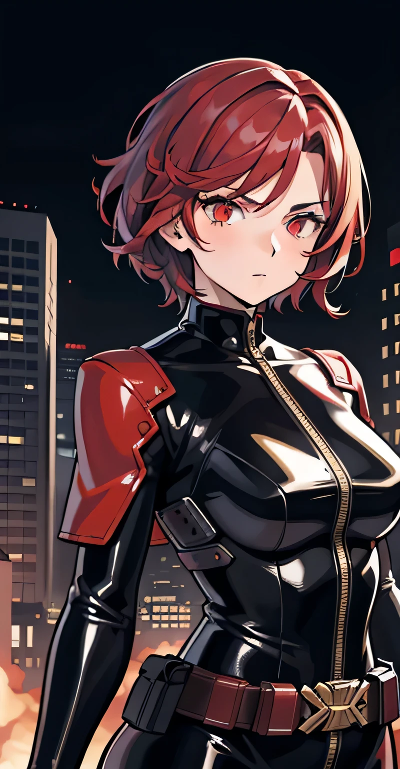 1girl, masterpiece, lady_nagant, short hair, red hair,  red eyes, serious, black suit, portrait, mechanical belt, night city background, latex,