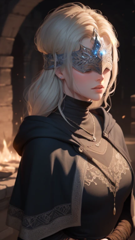 {{{masterpiece}}}, {{{best quality}}}, {{{ultra-detailed}}}, {cinematic lighting}, {illustration}, very detailed lips, expressionless, 1girl, white_hair, visor, black robes, black dress, silver visor, eyes covered by visor, elegant, Firekeeper of Anastacia of Astora, Dark Souls 3, eclipse, {Portrait}, looking at viewer