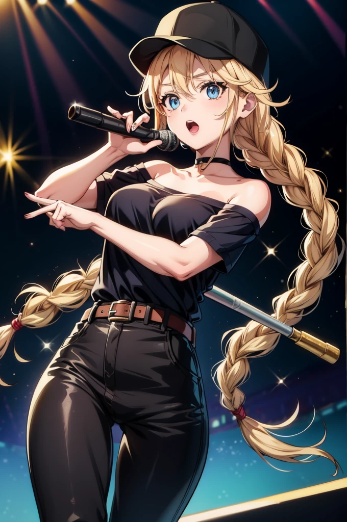 artistic expression of a female in a very tight outfit with a baseball bat in her hand and a guitar in her belt, 1girl, stage lights, blue eyes, blonde hair, hat, long hair, braid, stage, solo, twin braids, microphone, shirt, open mouth, pants, spotlight, breasts, black headwear, black shirt, off shoulder, choker, looking at viewer, black pants