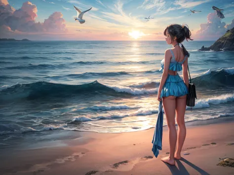 best quality,ultra-detailed,realistic:1.37,seaside landscape,beautiful girl,(((blue moment))),peaceful atmosphere,golden sunset,...