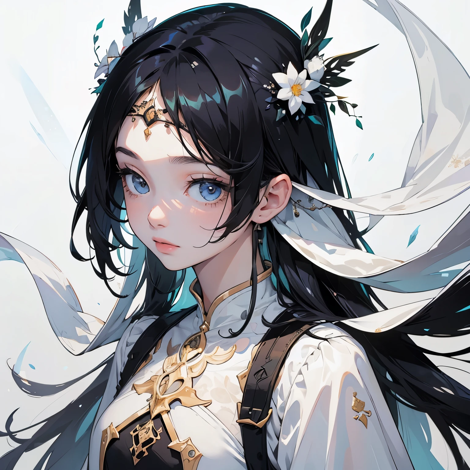 portrait,（best qualtiy，tmasterpiece），1girl，nice poses，Particle，ventania，florals, simplebackground，milky ways，White-colored skin，Fairy style，black color hair，The upper part of the body，white clothes，Back sword