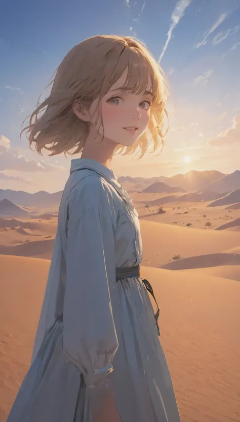 masterpiece, highest quality, Movie stills, 1 girl, Cloud Girl, desert,赤い砂のdesert、 close, bright, Happy, Warm and soft lighting,...