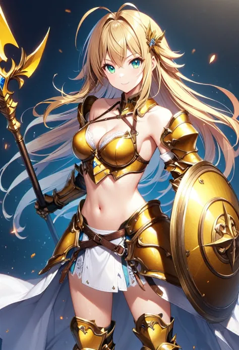 1girl, solo, long-hair, shield, blonde-hair, weapon, armor, polearm, breasts, navel, full-body, boots, black-background, looking...