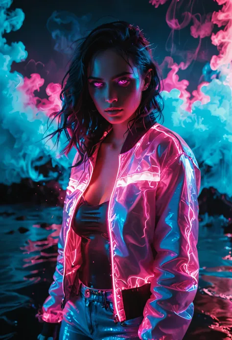 glowneon, glowing jacket on dark figure, emitting liquid light, vibrant blue and pink, glowing eyes, cinematic film still, neon ...