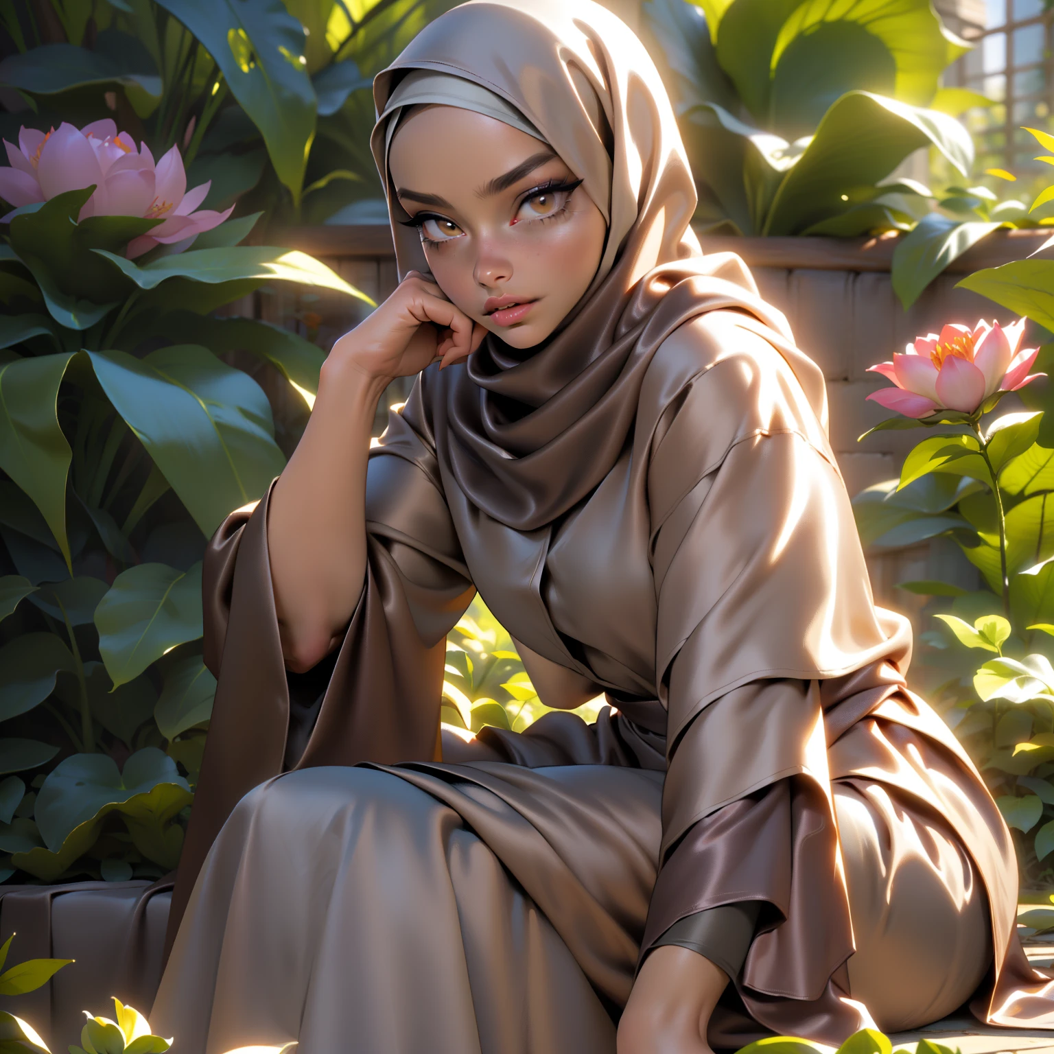 3dmm style, ((Masterpiece, best quality, photography, detailed skin, realistic, photo-realistic, 3D Character Design, pixar, real cartoon, 8k, highly detailed, full length frame, High detail RAW color art, diffused soft lighting, shallow depth of field, sharp focus, hyperrealism, cinematic lighting, ((close up)) hijab, a woman in a beautifully makeup, brown beautiful big eyes, long eye lashes, wearing ((Gray satin hijab)), loosely tide hijab style, ((satin shirt)), satin long maxi skirt, sitting in the garden, outdoors