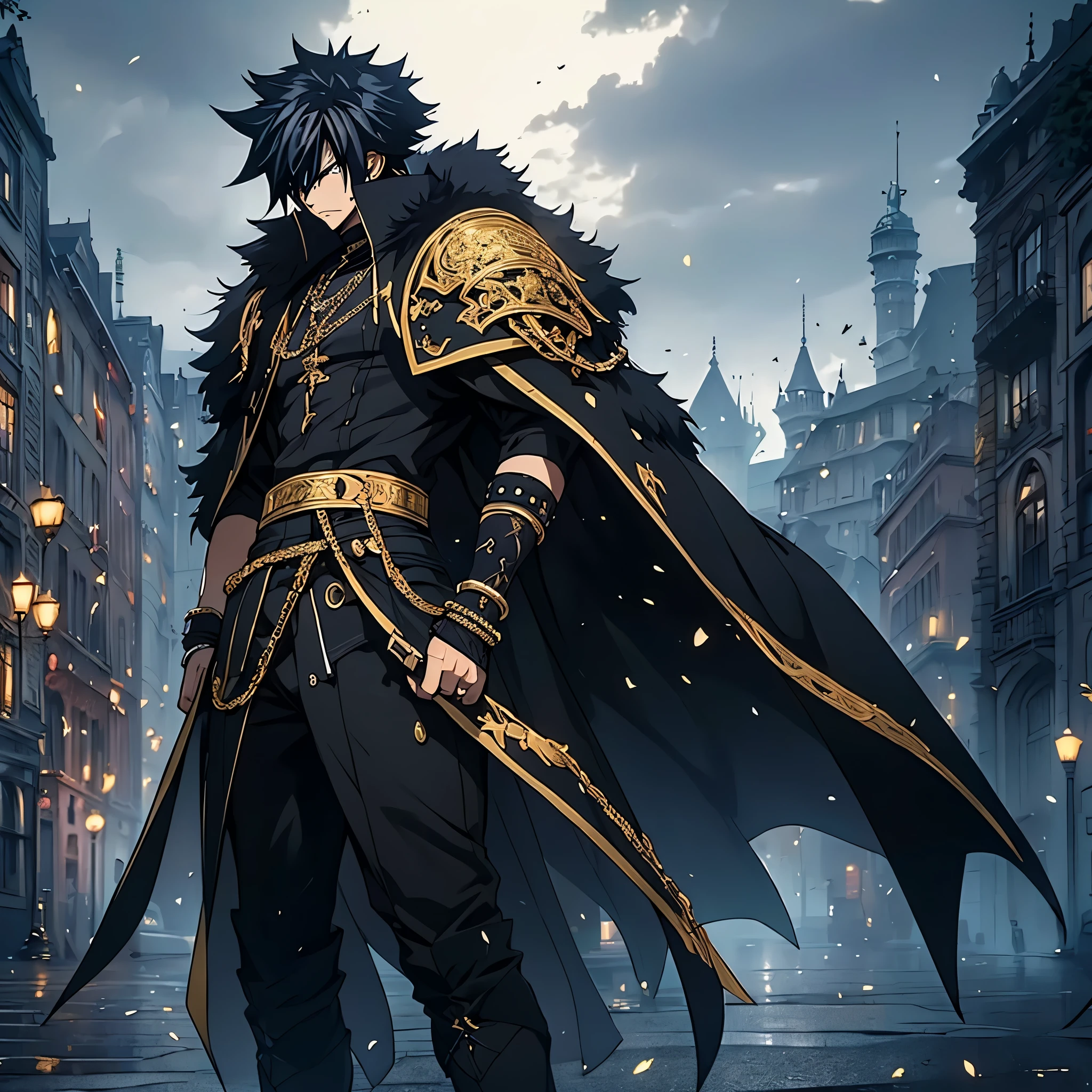 A (((powerful Gray Fullbuster))), clad in sleek, ((black military attire)) with intricate, ((gold accents)), sporting a classic Pickelhaube helmet and ((steel-toed black boots)), accessorizing with a ((sharp black metal bracelet)) and a luxurious (fur-trimmed cape) draped across his shoulders, exuding a serious demeanor as he strolls through a quaint, (Germanic town).(solo man)
