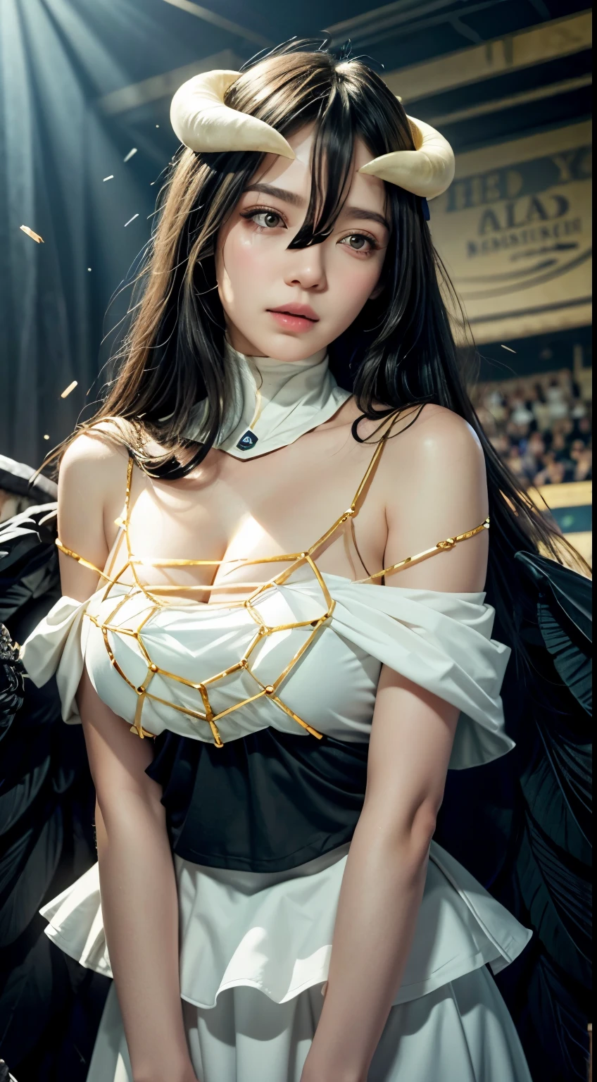 Masterpiece, Best quality, Ultra-detailed, illustration, epic lighting, Cinematic composition, isometry,(hexagons:1.2), 1girll, Horns, Solo, Yellow eyes, Black hair, Long hair, (Low wing:1.2), Large cleavage, Bare shoulders, hair between eye, Medium breasts, (White dress:1.1), Golden decoration, Detached collar, view the viewer, Semi-closed Eyes, (view the viewer:1.1), parted lip, Blush, Black feathers fall, Arena, particle fx, (8K:1.1)