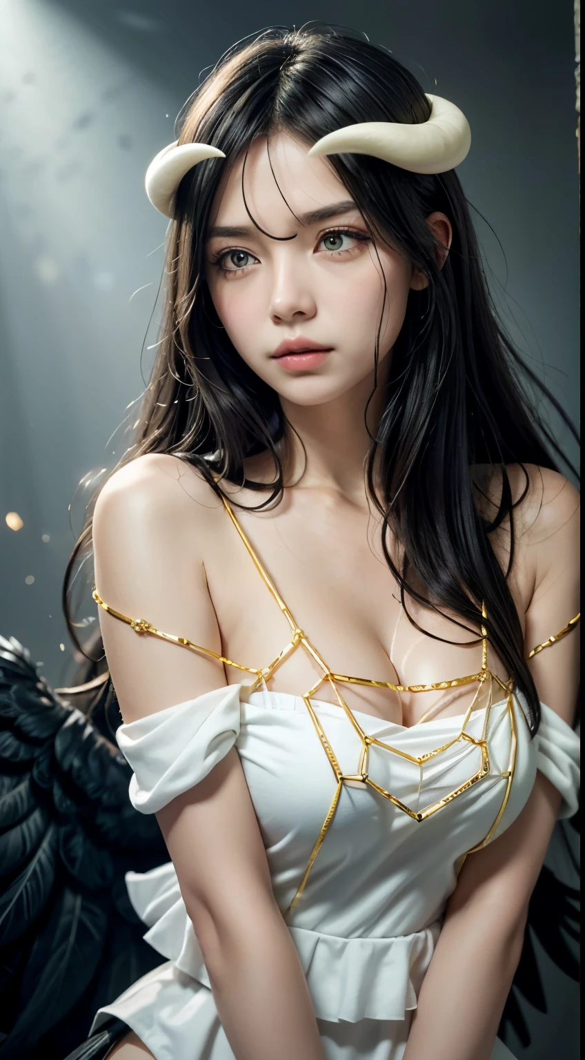 Masterpiece, Best quality, Ultra-detailed, illustration, epic lighting, Cinematic composition, isometry,(hexagons:1.2), 1girll, Horns, Solo, Yellow eyes, Black hair, Long hair, (Low wing:1.2), Large cleavage, Bare shoulders, hair between eye, Medium breasts, (White dress:1.1), Golden decoration, Detached collar, view the viewer, Semi-closed Eyes, (view the viewer:1.1), parted lip, Blush, Black feathers fall, Arena, particle fx, (8K:1.1)