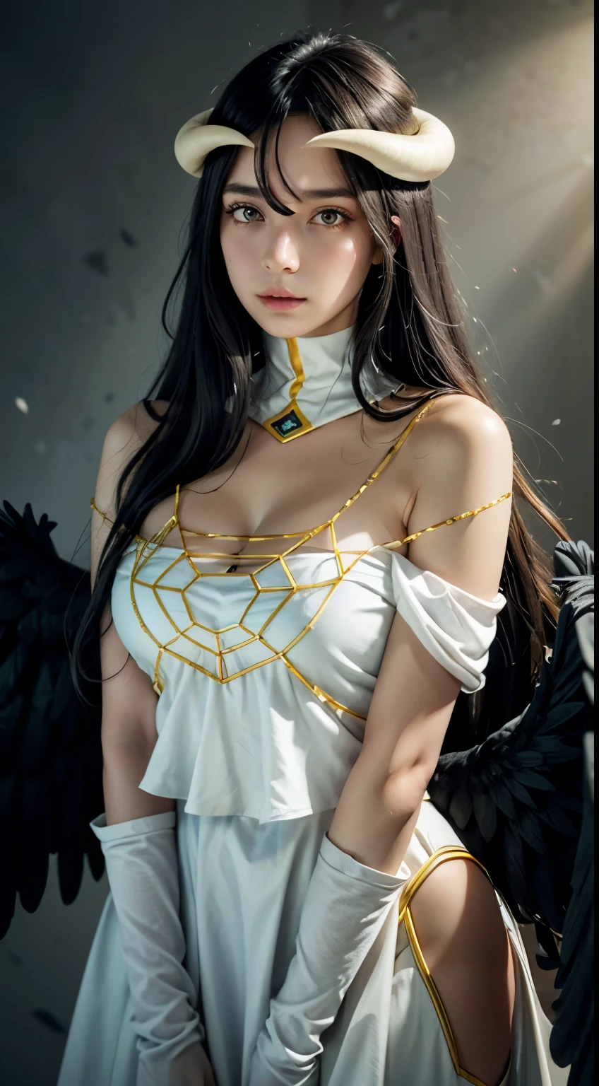 Masterpiece, Best quality, Ultra-detailed, illustration, epic lighting, Cinematic composition, isometry,(hexagons:1.2), 1girll, Horns, Solo, Yellow eyes, Black hair, Long hair, (Low wing:1.2), Large cleavage, Bare shoulders, hair between eye, Medium breasts, (White dress:1.1), Golden decoration, Detached collar, view the viewer, Semi-closed Eyes, (view the viewer:1.1), parted lip, Blush, Black feathers fall, Arena, particle fx, (8K:1.1)