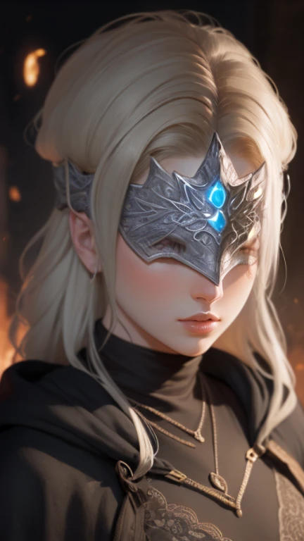 {{{masterpiece}}}, {{{best quality}}}, {{{ultra-detailed}}}, {cinematic lighting}, {illustration}, very detailed lips, expressionless, 1girl, white_hair, visor, black robes, black dress, silver visor, eyes covered by visor, elegant, Firekeeper of Anastacia of Astora, Dark Souls 3, eclipse, {Portrait}, looking at viewer