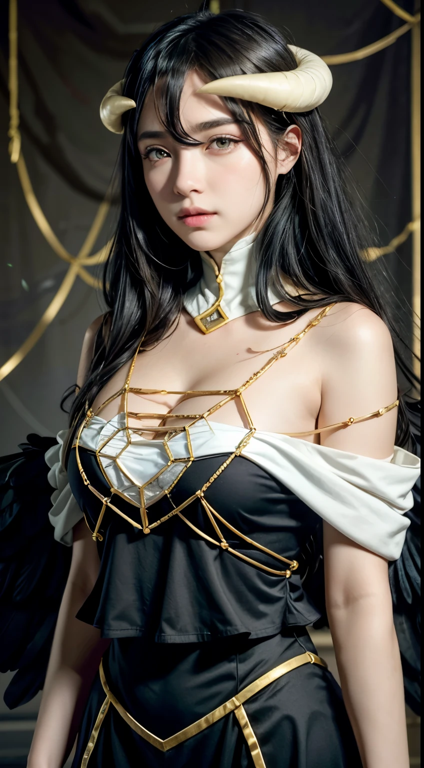 Masterpiece, Best quality, Ultra-detailed, illustration, epic lighting, Cinematic composition, isometry,(hexagons:1.2), 1girll, Horns, Solo, Yellow eyes, Black hair, Long hair, (Low wing:1.2), Large cleavage, Bare shoulders, hair between eye, Medium breasts, (White dress:1.1), Golden decoration, Detached collar, view the viewer, Semi-closed Eyes, (view the viewer:1.1), parted lip, Blush, Black feathers fall, Arena, particle fx, (8K:1.1)