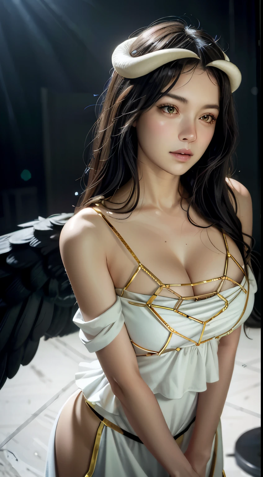 Masterpiece, Best quality, Ultra-detailed, illustration, epic lighting, Cinematic composition, isometry,(hexagons:1.2), 1girll, Horns, Solo, Yellow eyes, Black hair, Long hair, (Low wing:1.2), Large cleavage, Bare shoulders, hair between eye, Medium breasts, (White dress:1.1), Golden decoration, Detached collar, view the viewer, Semi-closed Eyes, (view the viewer:1.1), parted lip, Blush, Black feathers fall, Arena, particle fx, (8K:1.1)