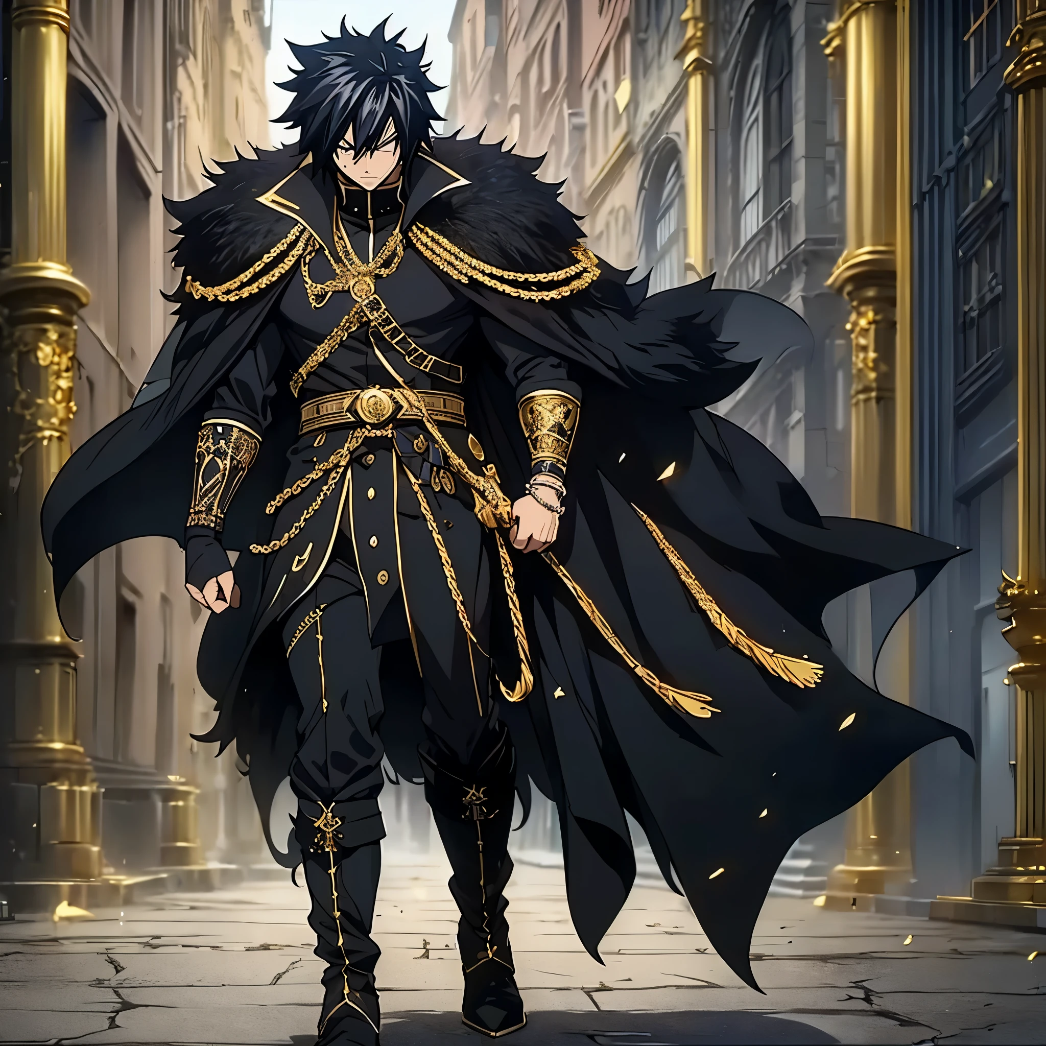 A (((mighty gray Fullbuster))), dressed in an elegant, ((black military attire)) with intricate details, ((gold accents)), sporting a classic Pickelhaube helmet((black helm with gold accents)) and ( (black steel toe boots)), accessorizing with a ((sharp black metal bracelet)) and a luxurious (fur-trimmed cape) slung over his shoulders, exuding a serious demeanor as he walks through a picturesque (Germanic town ).(solo man)