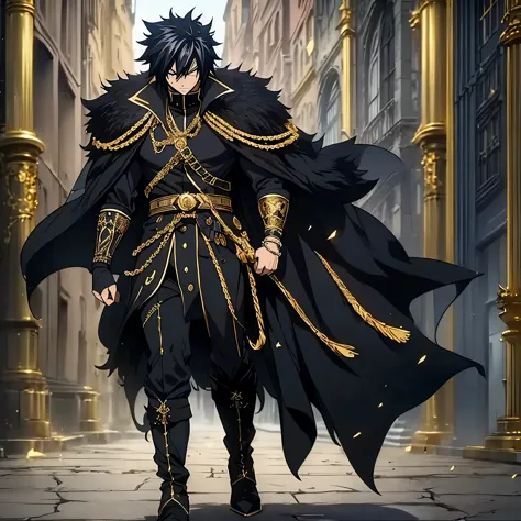 A (((mighty gray Fullbuster))), dressed in an elegant, ((black military attire)) with intricate details, ((gold accents)), sport...