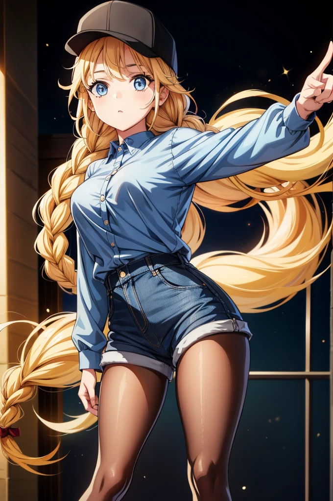 a beautiful cartoon girl standing with her side to the camera, as though pointing at something, 1girl, solo, twin braids, braid, shorts, blonde hair, hat, blue eyes, long hair, pantyhose, breasts, denim, denim shorts, long sleeves, looking at viewer, black headwear