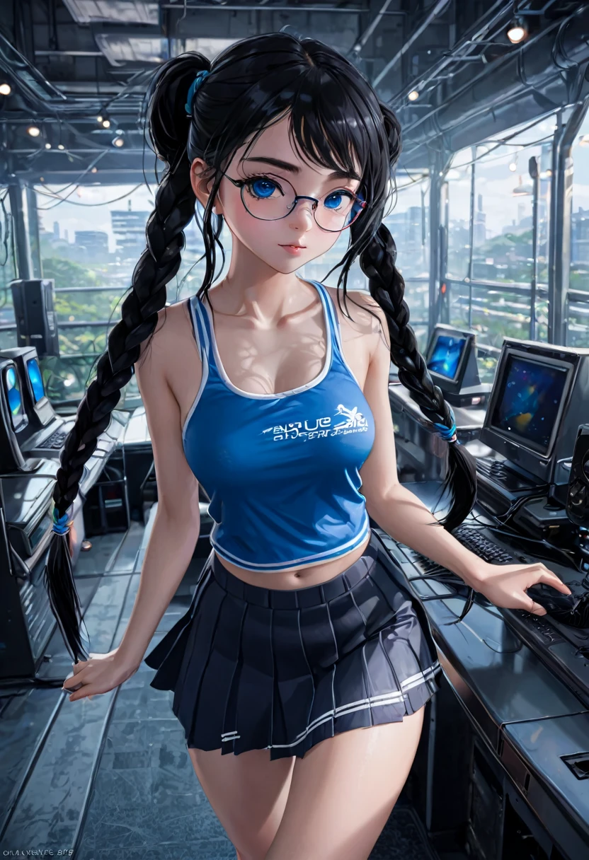 Best quality, ultra-detailed, 1 girl, black hair, two braids, blue eyes, glasses, mother, thong, skirt, Background room with computer, dynamic pose