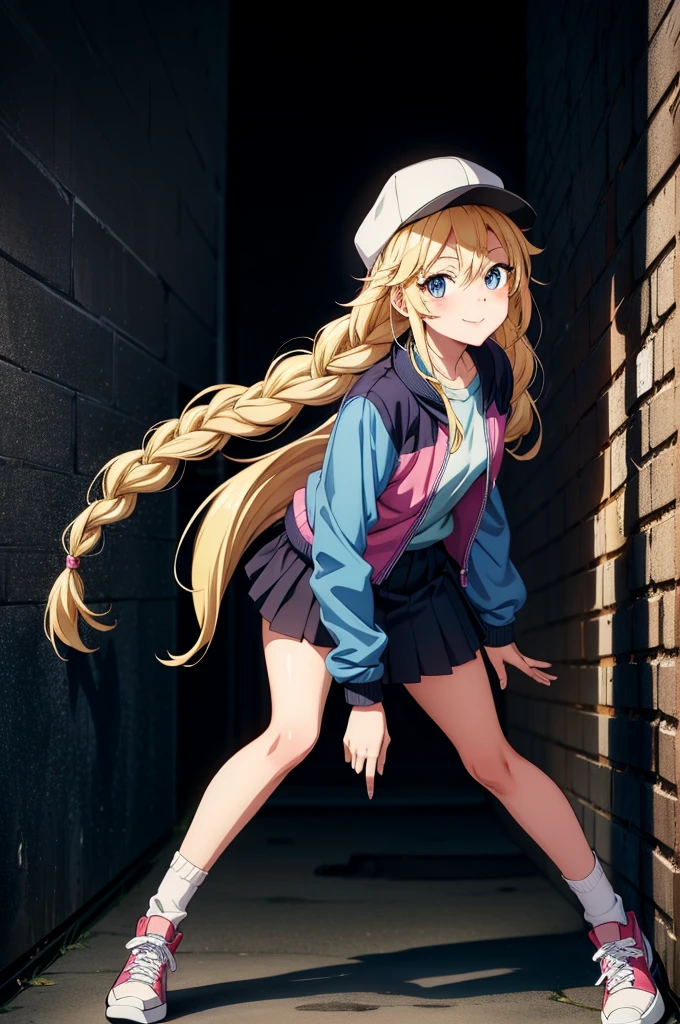 a cartoon figure with long blonde hair standing in a dark corner while doing something, 1girl, solo, long hair, blue eyes, blonde hair, skirt, hat, braid, smile, looking at viewer, , twin braids, leaning forward, socks, jacket, shoes