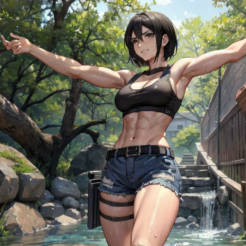 masterpiece, UHD, 4k, highres, ultra highres, hd, best quality, anime, anatomically accurate, detailed face, detailed skin, detailed, pretty face, feminine face, cute face, 1girl, alone, solo, standing alone, mikasa ackerman, mikasa, short hair, black hair, attack on titan, abs, navel, midriff, belly button, abdominal, stretching, fully clothed, tank top, shorts, tight shorts, sporty shorts, thighs, muscular, biceps, pectoral muscles, armpit, armpits, breasts, cleavage, smile, standing, sweating, wet skin, glossy skin, day time, scout regiment logo, scout regiment embroidery, scout regiment patch,