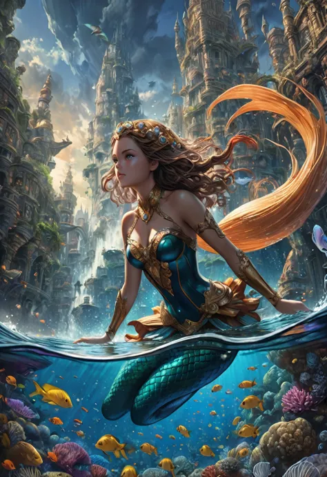 1girl, diving, macro mermaid diving in the ocean; epic cinematic brilliant stunning intricate meticulously detailed dramatic atm...