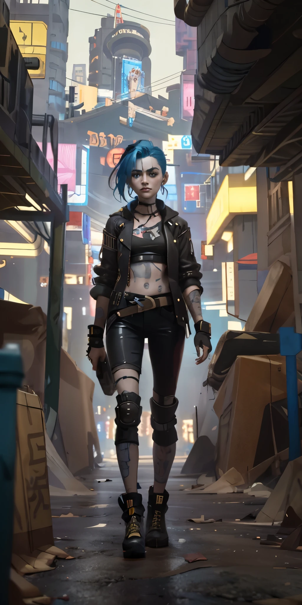 there is a woman with blue hair and a black top, portrait of jinx from arcane, jinx from arcane, jinx from league of legends, rococo cyberpunk, Cyberpunk Style ， Hyperrealistic, loba andrade from apex legends, ornamental gothic - cyberpunk, Hyper-realistic cyberpunk style, portrait of lady mechanika, alice in wonderland cyberpunk, Vivid steampunk concept，grexaggerated movements，Arrogant，rebelliousness，Full body photo，fisheyelens，self-shot，Madness