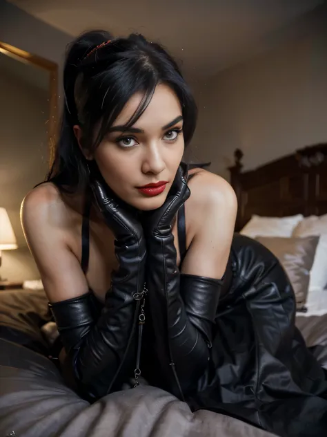 proFessional portrait photograph oF a gorgeous smiling catwoman,Bettie page girl in winter clothing ,ponytail Black hair, red lipstick,black long maxi-skirt(black long maxi-skirt:1.2),sultry Flirty look, gorgeous symmetrical Face, joli maquillage naturel, ...