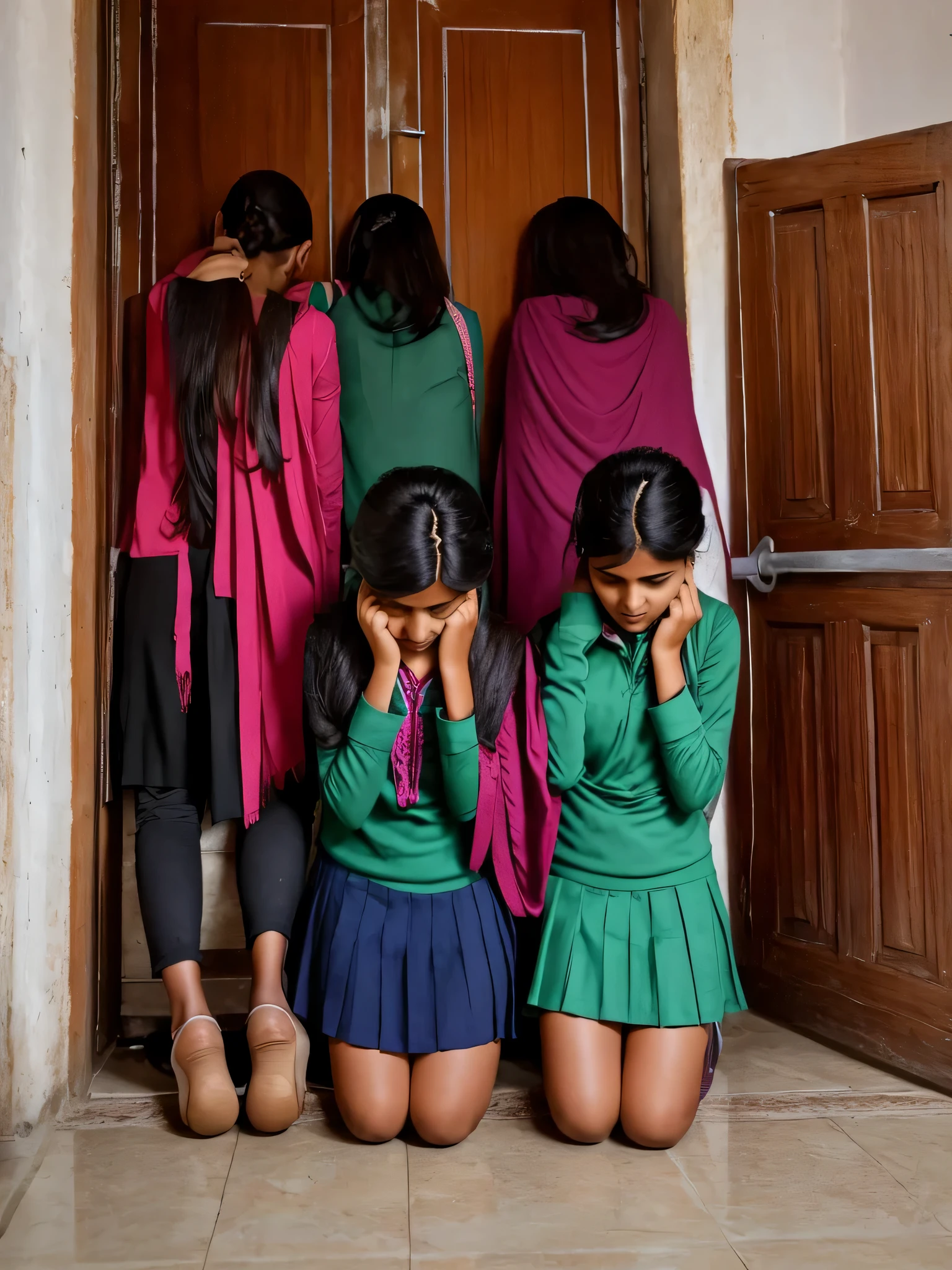 Three girls in school uniforms are sitting on the floor - SeaArt AI