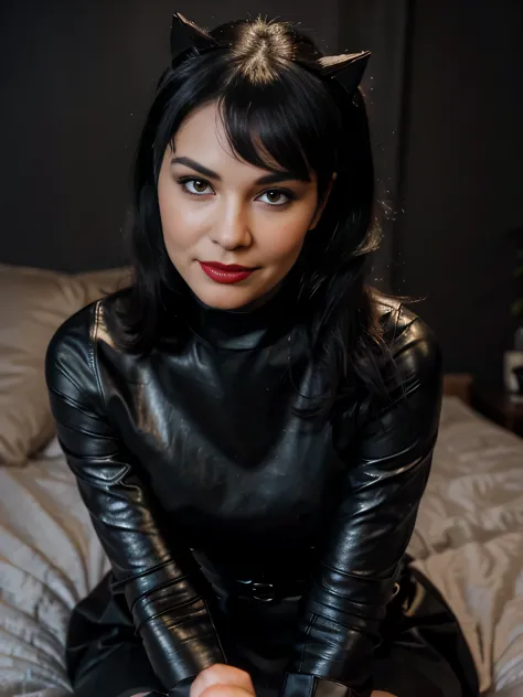 proFessional portrait photograph oF a gorgeous smiling catwoman,Bettie page girl in winter clothing ,ponytail Black hair, red lipstick,black long maxi-skirt(black long maxi-skirt:1.2),sultry Flirty look, gorgeous symmetrical Face, joli maquillage naturel, ...