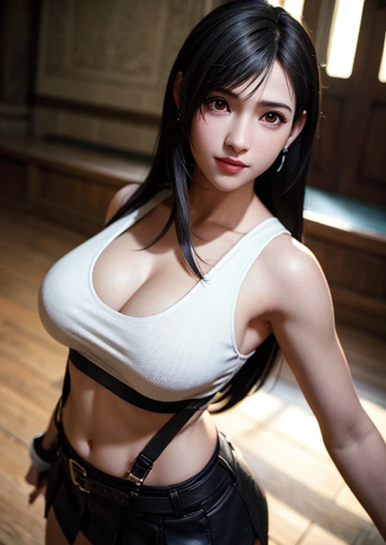 (Photorealistic: 1.4), top quality, very delicate and beautiful, high resolution, 1girl, tifa_lockhart, smile, cowboy shot, suspenders, low rise, mini skirt, tank top, tense shirt, black hair, long hair, elbow gloves, beautiful detailed red eyes, face light, movie lighting, navel, high exposure, abdomen exposure, ribs, abs, ( big breasts: 1.1), dynamic poses, dynamic angles,