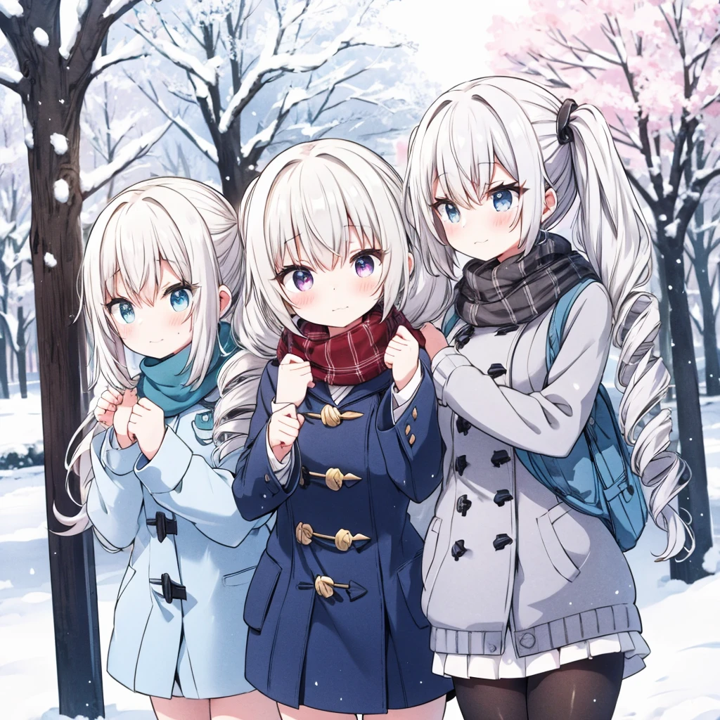 {best quality}, {very aesthetic}, {ultra-detailed}, {best illustration}, girl,park, silver hair,((twin drills)),huge breasts,Outdoor,((Embarrassed)),((winter服 歳学校制服)),winter,Snow Scene,blazer,Checkered scarf,,((white breathing)),,tights,,glove,(close up),duffle coat,(steam).shoot from side,looking away