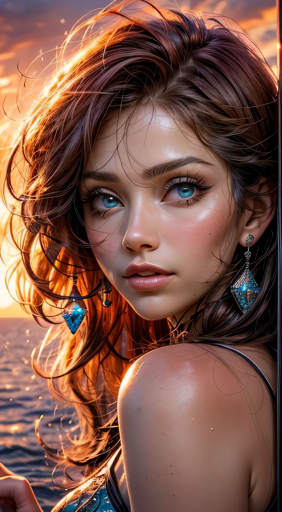 엘사 파타키(Elsa Pataki) 얼굴 클로즈업, 따뜻한 오렌지빛으로 물들다, 마치 석양의 부드러운 빛을 받은 것처럼, 기쁨과 만족으로 반짝이는 그녀의 눈, 흘러내리는 적갈색 머리카락으로 둘러싸인, 사진술, 35mm 렌즈로 촬영