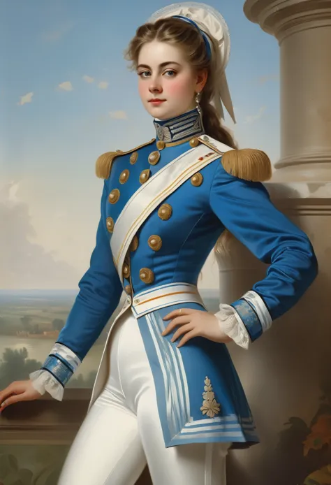 attractive girl in a blue hussar tunic, white satin loose leggings, boots, 19 century, 
((jean joseph verts style)),((painting))...