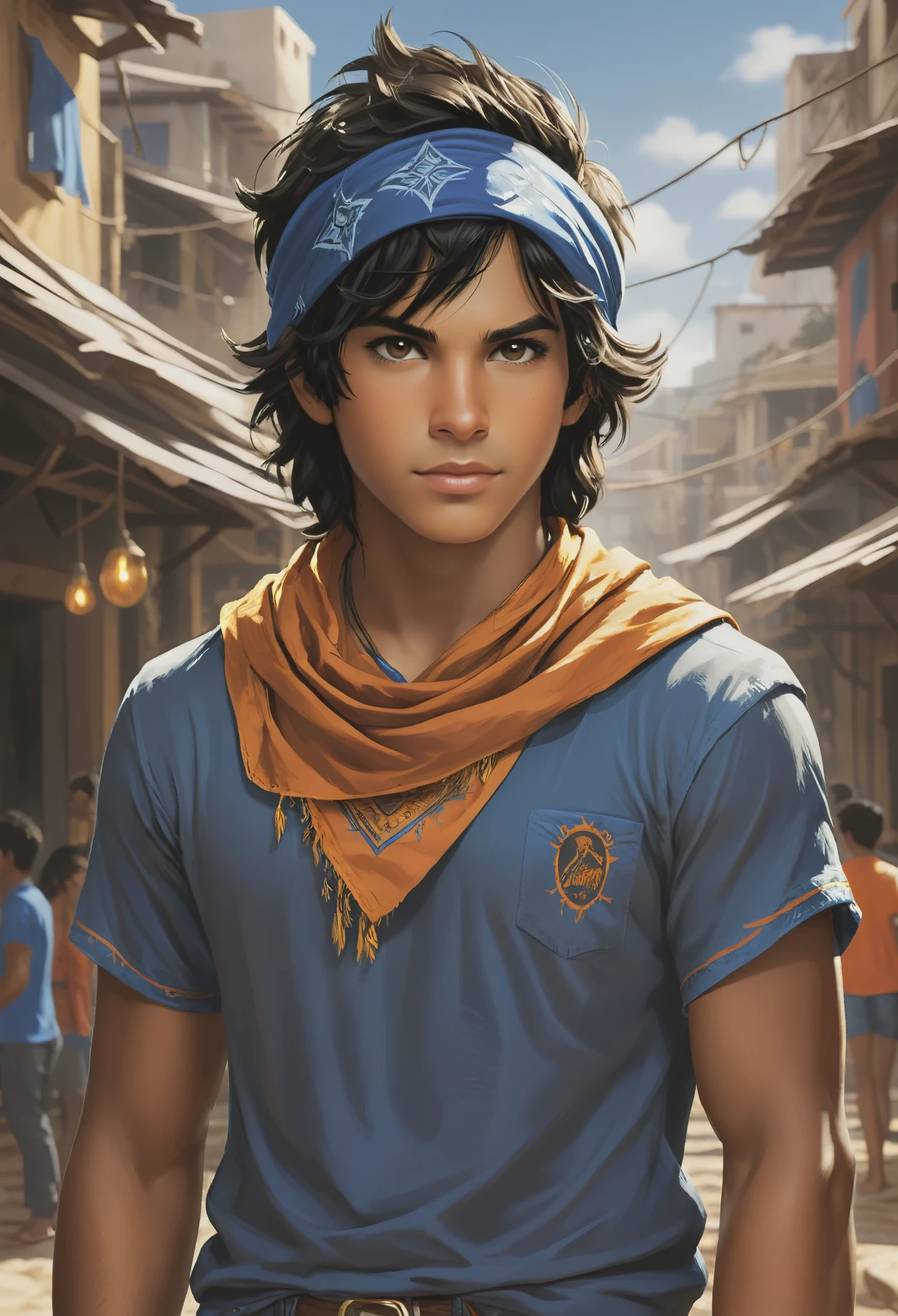 un chico de piel blanca, pero más bronceado alrededor del 1, ojos almendrados color café, cabello negro con una bandana azul básica en la frente, con una camiseta naranja, en un campamento, incluye una referencia a Percy Jackson. Usando una chaqueta de Spiderman, (estilos: diseño,cartón un poco realista)