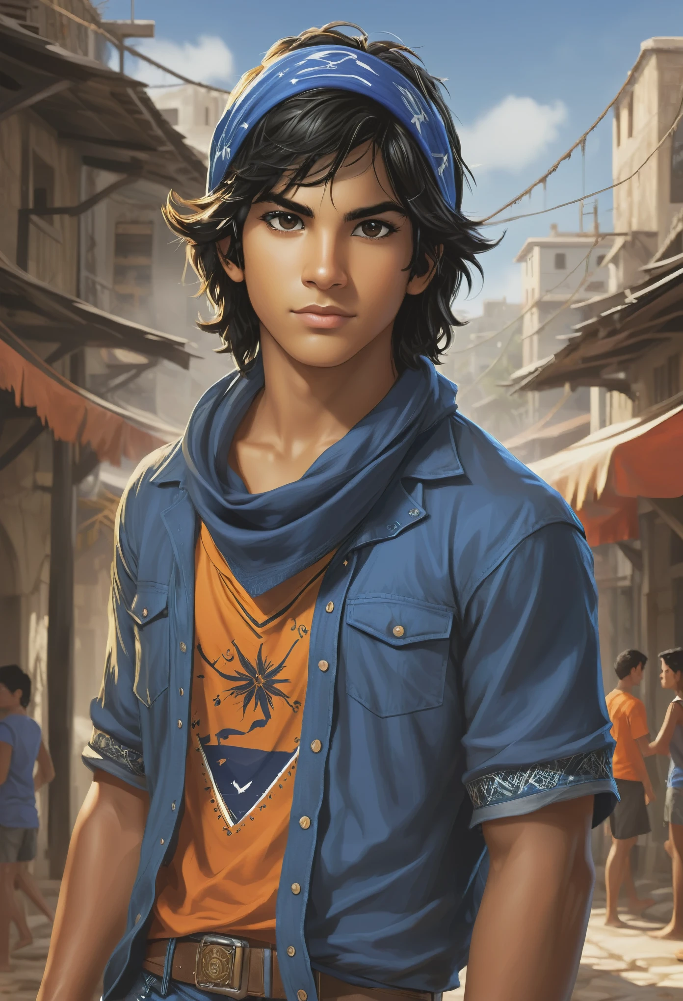 um rapaz com a pele branca, but more tanned at around 18 years old, almond brown eyes, black hair with a basic blue bandana on the forehead, com uma camiseta laranja, em um acampamento, include Percy Jackson reference. Usando uma jaqueta do homem aranha, (estilos: desenho,caarton um pouco realista)