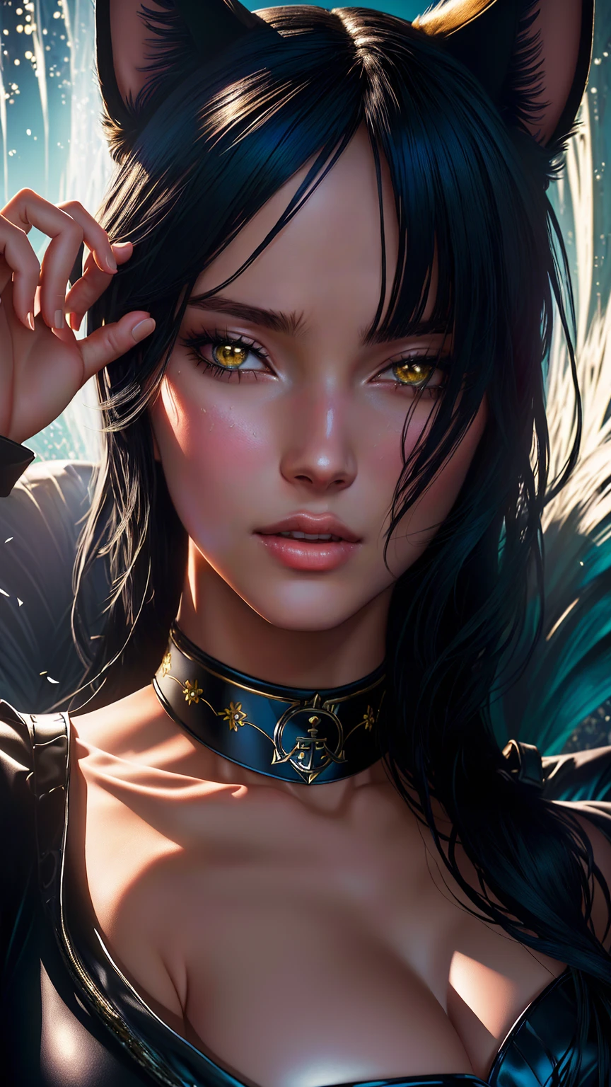 Una chica con Nico Robin como tema principal.. Tiene un lunar debajo del ojo y está adornada con joyas., Incluye gargantilla de ancla y orejas de gato.. Su expresión es un puchero., dándole una mirada linda y juguetona. La obra de arte tiene un borde., dándole una apariencia enmarcada y terminada. La profundidad de campo se utiliza para crear una sensación de concentración en Nico Robin., mientras que los elementos circundantes están ligeramente borrosos, añadiendo un toque cinematográfico. La iluminación es dramática y cinematográfica., con fuertes contrastes y colores vibrantes. La obra de arte tiene un toque de aberración cromática., agregando un efecto artístico sutil. El nivel de detalle es excepcionalmente alto., capturando cada aspecto de las características de Nico Robin, incluyendo su piel texturizada y sus ojos vívidamente expresivos.. En general, La obra de arte es una obra maestra., mostrando la intrincada belleza de Nico Robin de una manera impresionante y cautivadora.