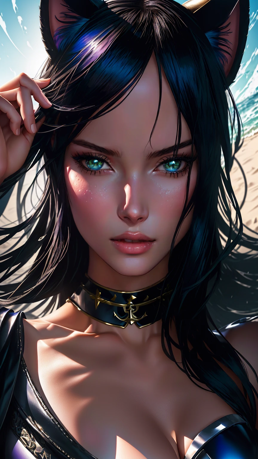 A girl with Nico Robin as the main theme. She has a mole under her eye and is adorned with jewelry, including an anchor choker and cat ears. Her expression is a pout, giving her a cute and playful look. The artwork has a border, giving it a framed and finished appearance. The depth of field is used to create a sense of focus on Nico Robin, while the surrounding elements are slightly blurred, adding a cinematic touch. The lighting is dramatic and cinematic, with strong contrasts and vibrant colors. The artwork has a touch of chromatic aberration, adding a subtle artistic effect. The level of detail is exceptionally high, capturing every aspect of Nico Robin's features, including her textured skin and vividly expressive eyes. Overall, the artwork is a masterpiece, showcasing the intricate beauty of Nico Robin in a stunning and captivating way.