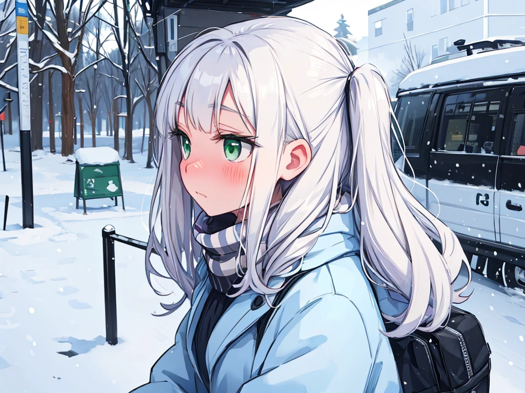 {best quality}, {very aesthetic}, {ultra-detailed}, {best illustration}, girl,park, silver hair,twin drill,huge breasts,Outdoor,((Embarrassed)),((winter服 歳学校制服)),winter,Snow Scene,blazer,Checkered scarf,,((white breathing)),,tights,,glove,((((extreme face close up)))),duffle coat,(steam).shoot from side,looking away,green eye