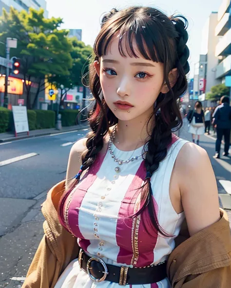 portraiture, bokeh , next, braid, colorful hair, tokyo, 
a woman posing on the street corner, highest quality, high resolution, ...