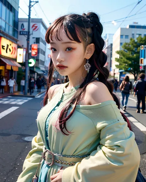 portraiture, bokeh , next, braid, colorful hair, tokyo, 
a woman posing on the street corner, highest quality, high resolution, ...