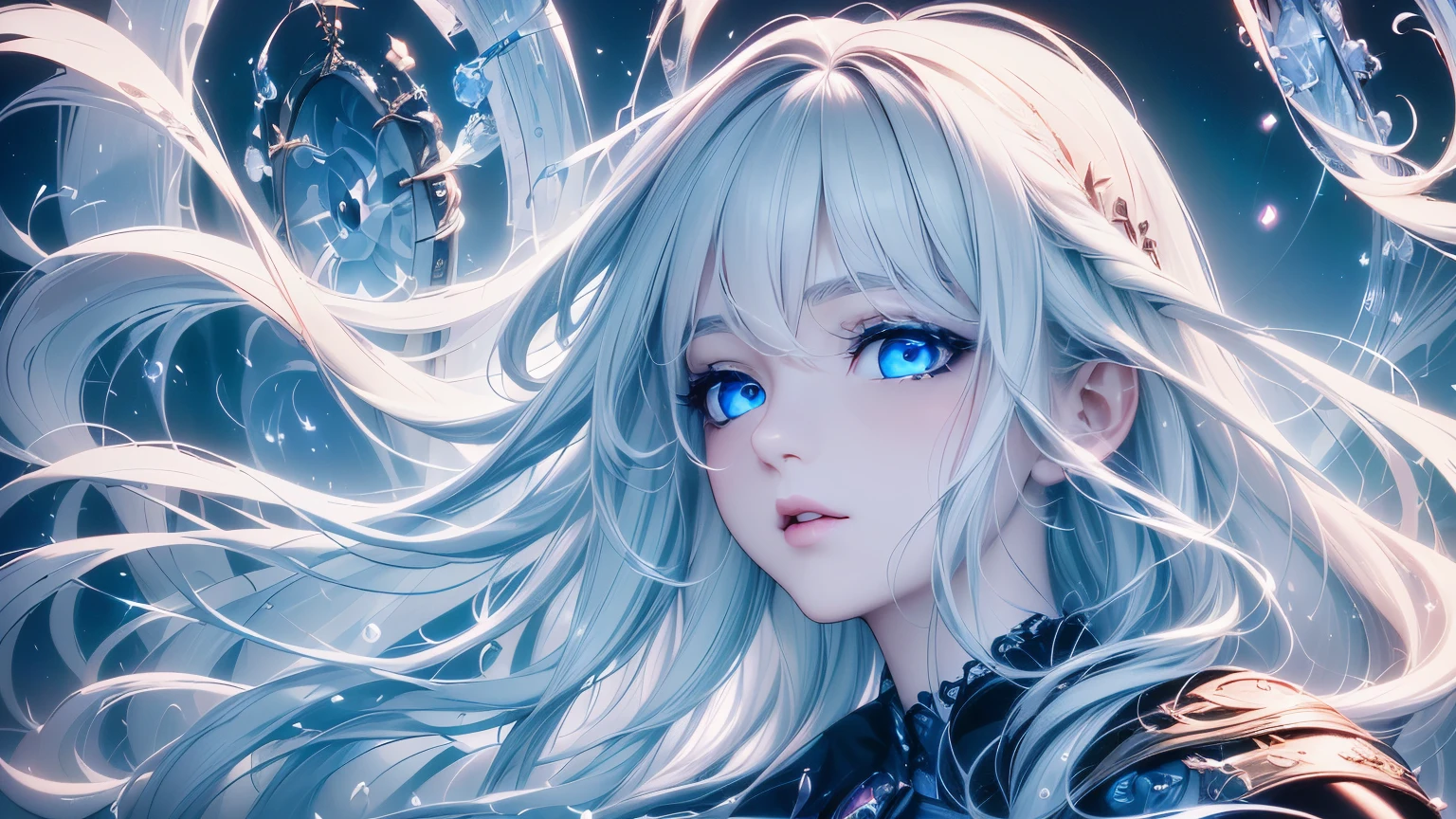 4K quality:1.2,1girl,sense of deps,disorganized,catch light,Super beautiful illustration,((White,long hairstyles:1.3)),dark dark eyeshadow,(((4k,super beautiful,In detail,blue eyes))),bright red lipstick,gothic lolita,;D,beautiful and delicate hair