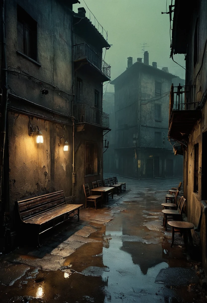 ((Cursed city. forgotten, gloomy)), terrible shadows in this city. In the style of primitivism. (David Martiashvili. Spartak Mukanov. Sven37. Jeremy Mann, Peter Elson, Alexey Maleev, Ryohei Hase, Rafael Sanzio, Pino Daeni, Charlie Bowett, Albert Joseph Penaud, Ray Caesar,). Rich palette, special writing technique.
Synthesis of primitive forms with complex painting techniques... aesthetics. colorful oil painting. Old dilapidated houses. Very beautiful, gouache, cinematic, dark, mysterious, modern vintage, rich deep colors. The fog is thick fog. ultra-stunning lighting. Old Damned City, lithographic detailed painting of the city,
its street walls are grimy, the metal tables and chairs are battered, standing so close to each other, all surfaces are greasy, dirt is in every crevice; conceptual art, Super Detail, Amazing composition. hyperrealistic photography.