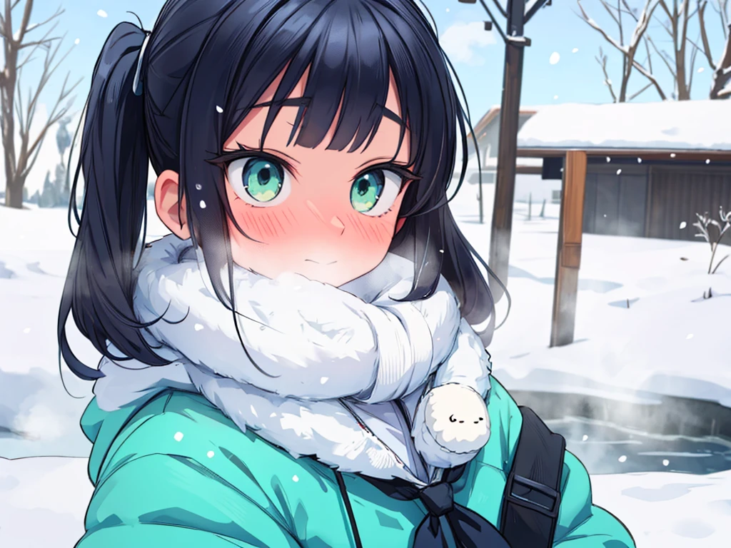 {best quality}, {very aesthetic}, {ultra-detailed}, {best illustration}, girl,park, darkblue hair,twin tail,huge breasts,Outdoor,((Embarrassed)),((winter服 歳学校制服)),winter,Snow Scene,blazer,Scarf,,((white breathing)),,tights,,glove,((((extreme face close up)))),duffle coat,(((steam))).shoot from side,looking away,green eye,Medium Hair