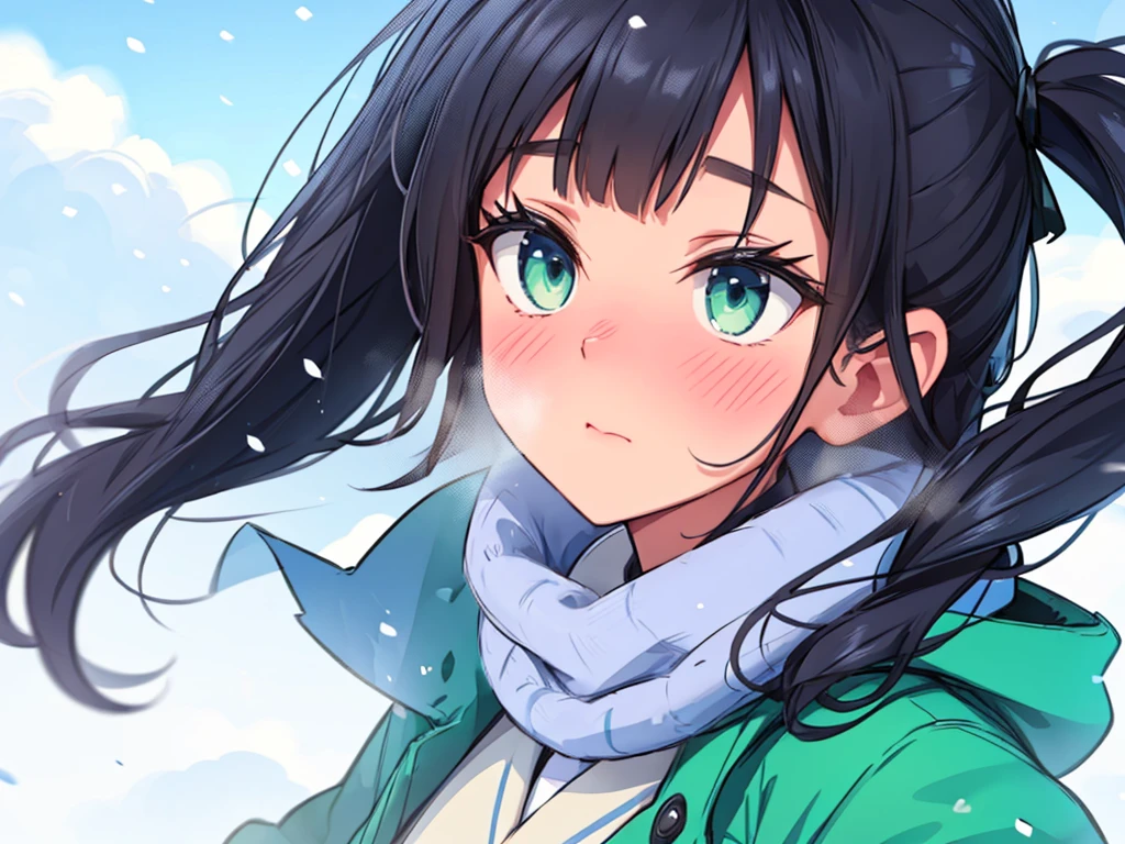 {best quality}, {very aesthetic}, {ultra-detailed}, {best illustration}, girl,park, darkblue hair,twin tail,huge breasts,Outdoor,((Embarrassed)),((winter服 歳学校制服)),winter,Snow Scene,blazer,Scarf,,((white breathing)),,tights,,glove,((((extreme face close up)))),duffle coat,(((steam))).shoot from side,looking away,green eye,Medium Hair