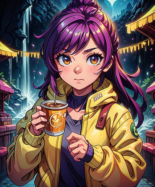 a woman in a yellow jacket holding a cup of coffee, extremely detailed artgerm, anime girl drinks energy drink, senna from league of legends, lovely brigitte from overwatch, brigitte from overwatch, ruan jia and artgerm, trending artgerm, faye valentine, like artgerm, range murata and artgerm, ig model | artgerm