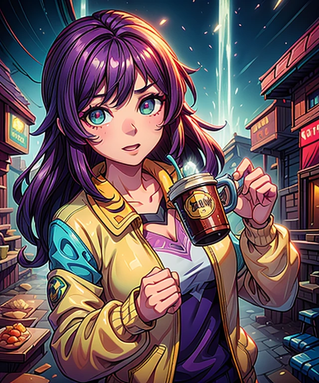 a woman in a yellow jacket holding a cup of coffee, extremely detailed artgerm, anime girl drinks energy drink, senna from league of legends, lovely brigitte from overwatch, brigitte from overwatch, ruan jia and artgerm, trending artgerm, faye valentine, like artgerm, range murata and artgerm, ig model | artgerm