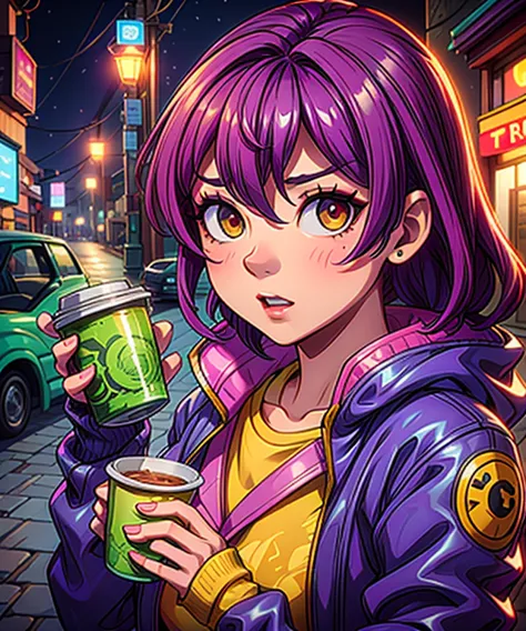 a woman in a yellow jacket holding a cup of coffee, extremely detailed artgerm, anime girl drinks energy drink, senna from leagu...