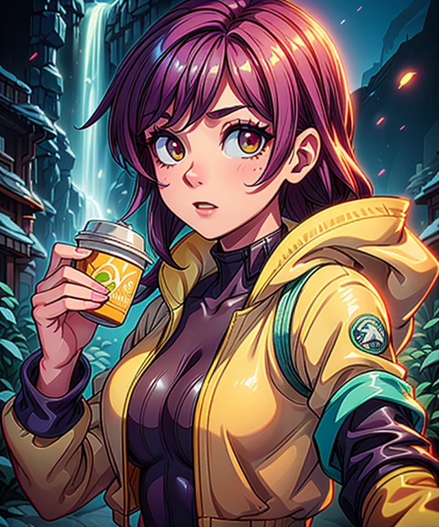 a woman in a yellow jacket holding a cup of coffee, extremely detailed artgerm, anime girl drinks energy drink, senna from league of legends, lovely brigitte from overwatch, brigitte from overwatch, ruan jia and artgerm, trending artgerm, faye valentine, like artgerm, range murata and artgerm, ig model | artgerm