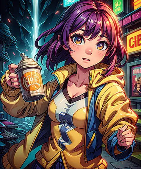 a woman in a yellow jacket holding a cup of coffee, extremely detailed artgerm, anime girl drinks energy drink, senna from leagu...